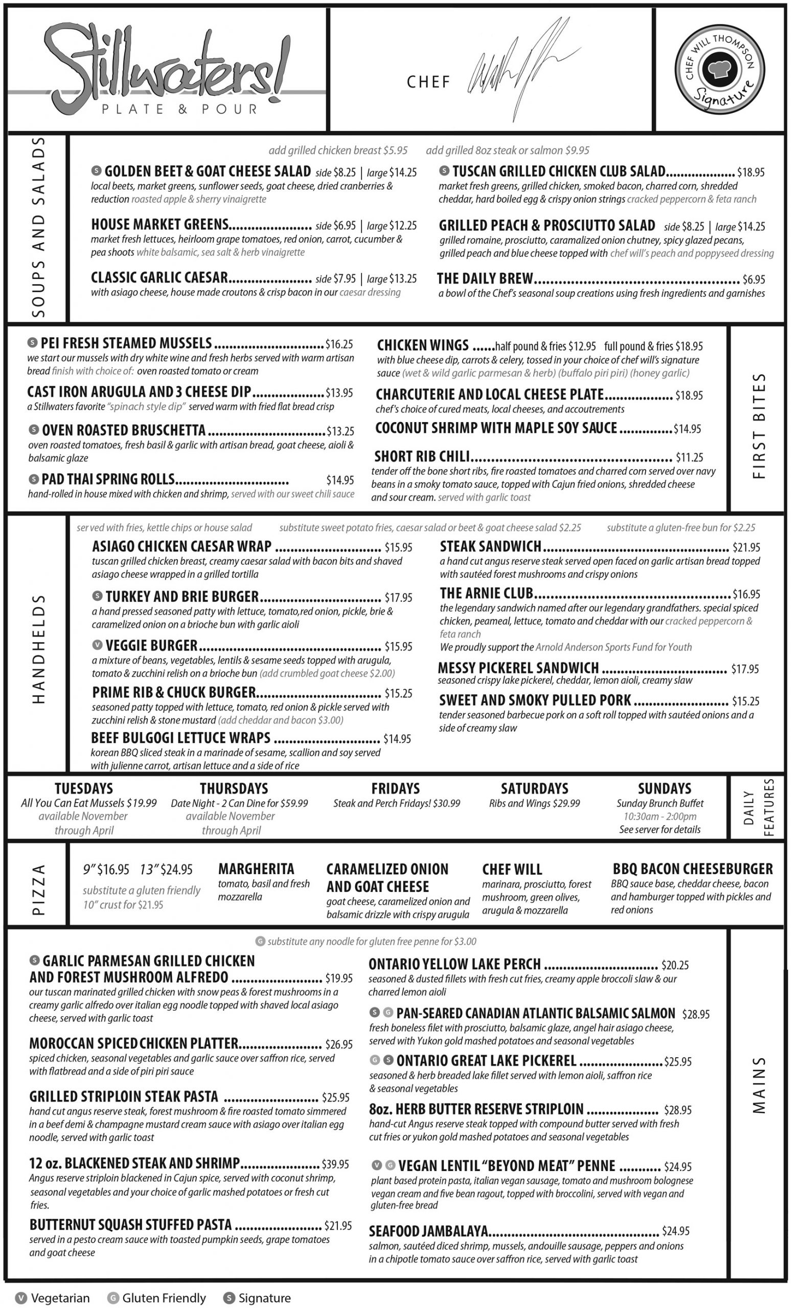 Menu Stillwaters Plate & Pour Paris Ontario Restaurant